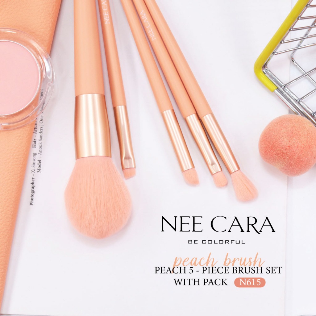 N615 NEE CARA BRUSH SET 5 PIECE NEE CARA นีคาร่า ชุดแปรงแต่งหน้า เซ็ตแปรงแต่งหน้า ลูกพีช 5 ชิ้นพร้อมกระเป๋า
