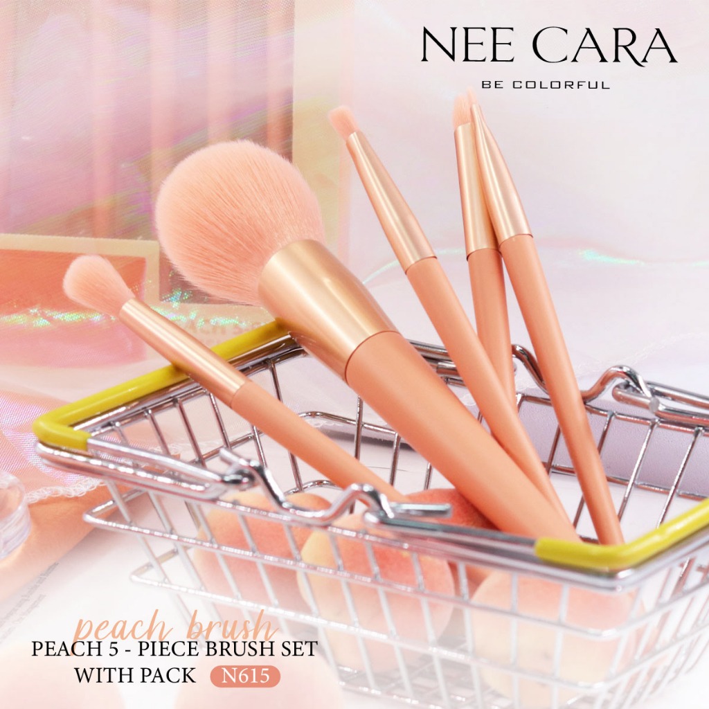 N615 NEE CARA BRUSH SET 5 PIECE NEE CARA นีคาร่า ชุดแปรงแต่งหน้า เซ็ตแปรงแต่งหน้า ลูกพีช 5 ชิ้นพร้อมกระเป๋า