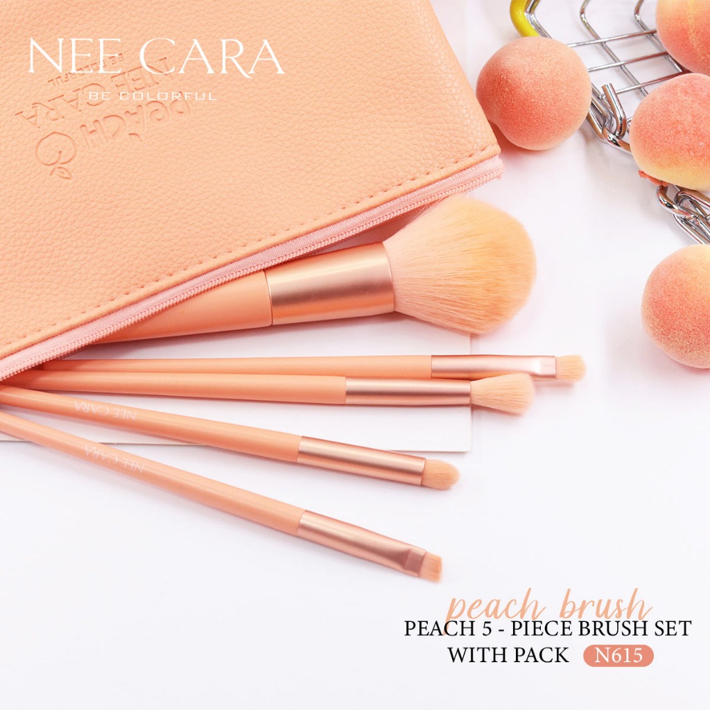N615 NEE CARA BRUSH SET 5 PIECE NEE CARA นีคาร่า ชุดแปรงแต่งหน้า เซ็ตแปรงแต่งหน้า ลูกพีช 5 ชิ้นพร้อมกระเป๋า