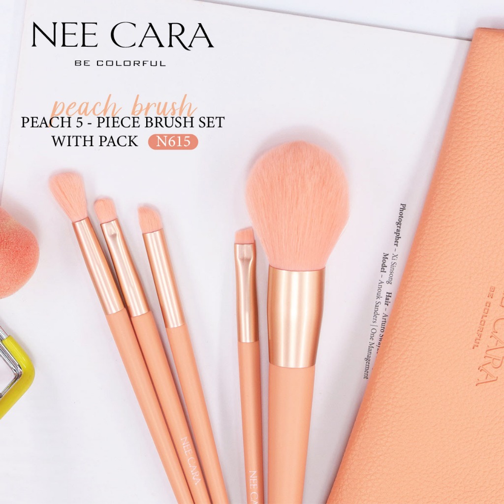 N615 NEE CARA BRUSH SET 5 PIECE NEE CARA นีคาร่า ชุดแปรงแต่งหน้า เซ็ตแปรงแต่งหน้า ลูกพีช 5 ชิ้นพร้อมกระเป๋า