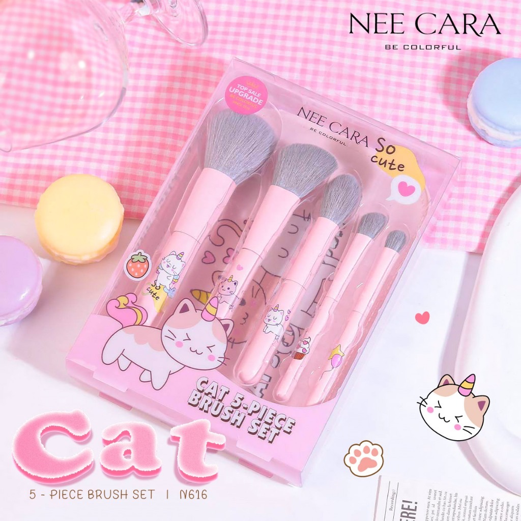 N616 Nee Cara Cat 5 Piece Brush Set  นีคาร่า แปรงน้องแมว เซ็ต 5 ชิ้น พร้อมกระเป๋า