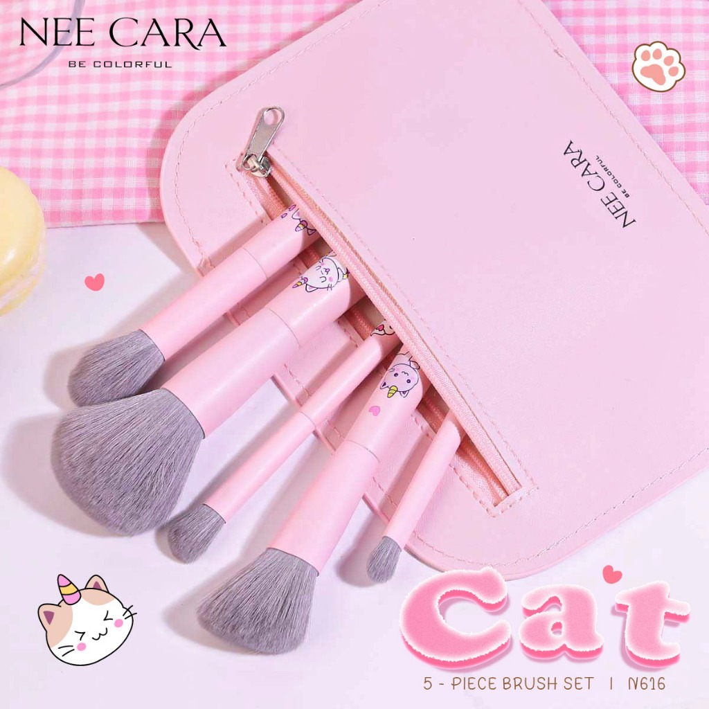 N616 Nee Cara Cat 5 Piece Brush Set  นีคาร่า แปรงน้องแมว เซ็ต 5 ชิ้น พร้อมกระเป๋า